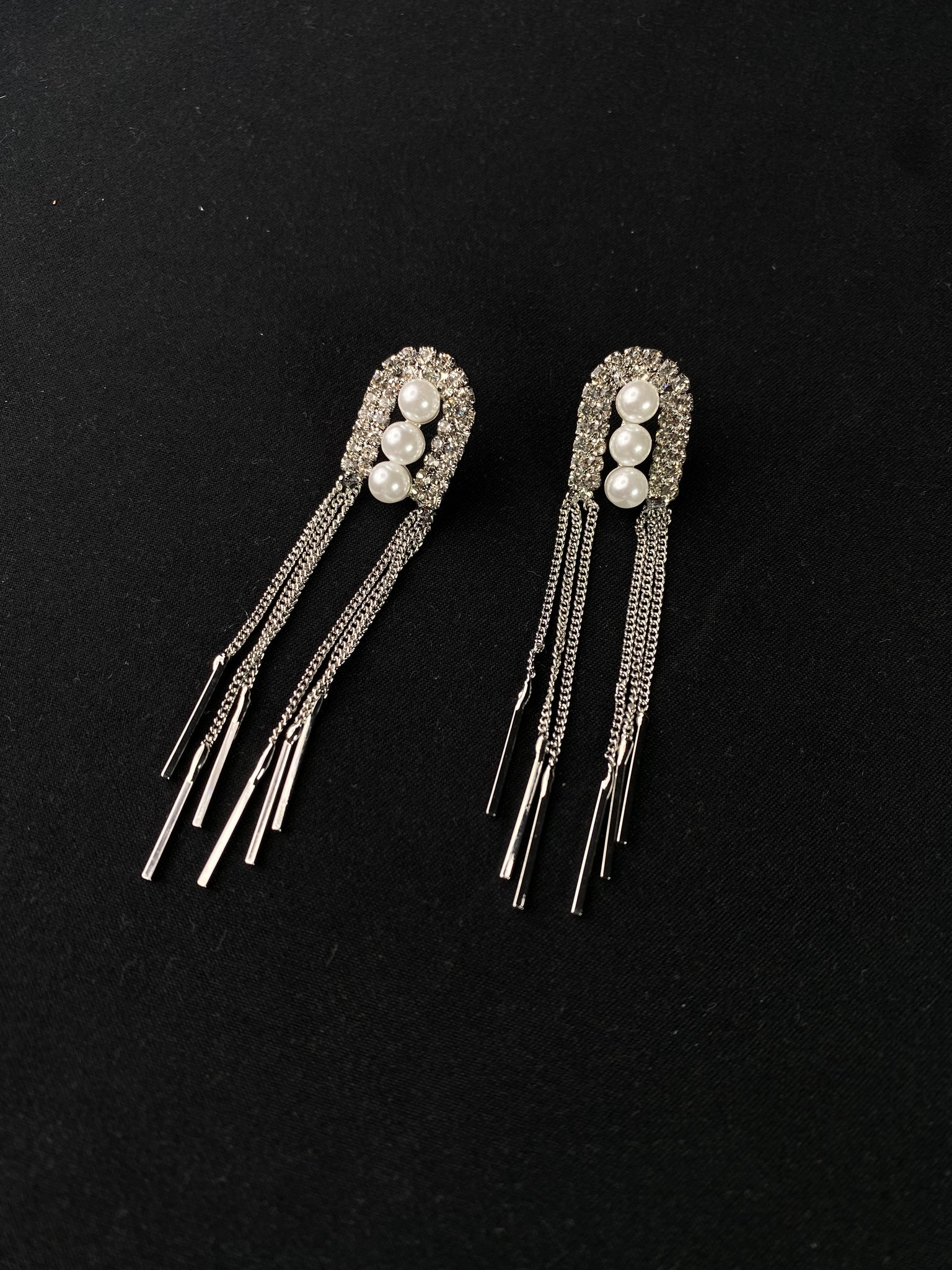 Silver Tassels Three Pearl Crystal  Earrings