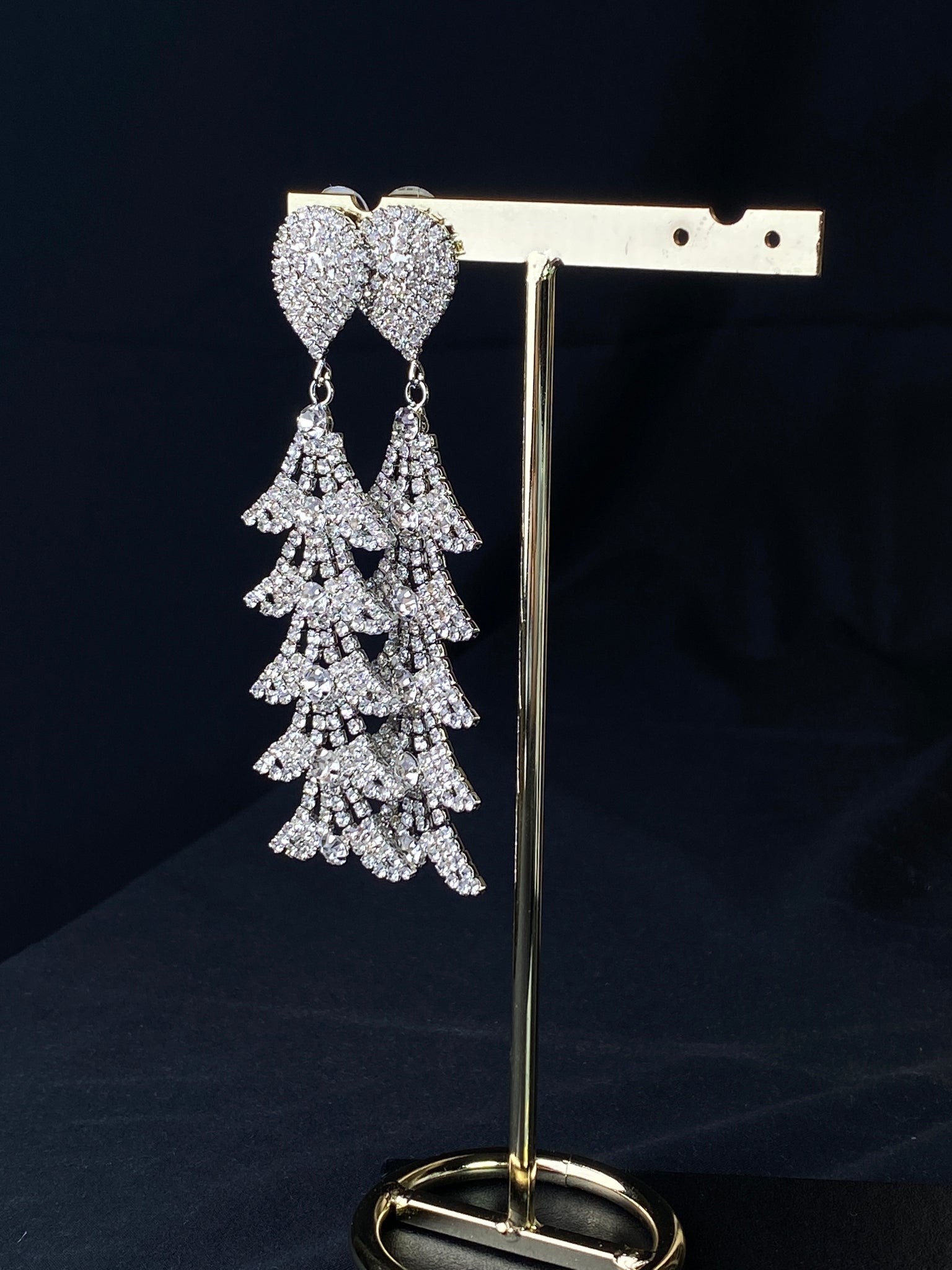 Shining Crystal Fish Bone/ Fan Shaped Long Earrings