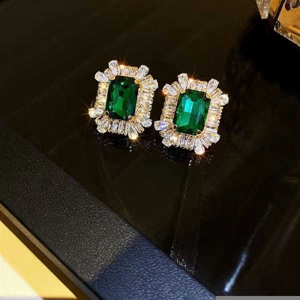 Luxury and Vintage Large Rectangular Green Gemstone Ear Stud