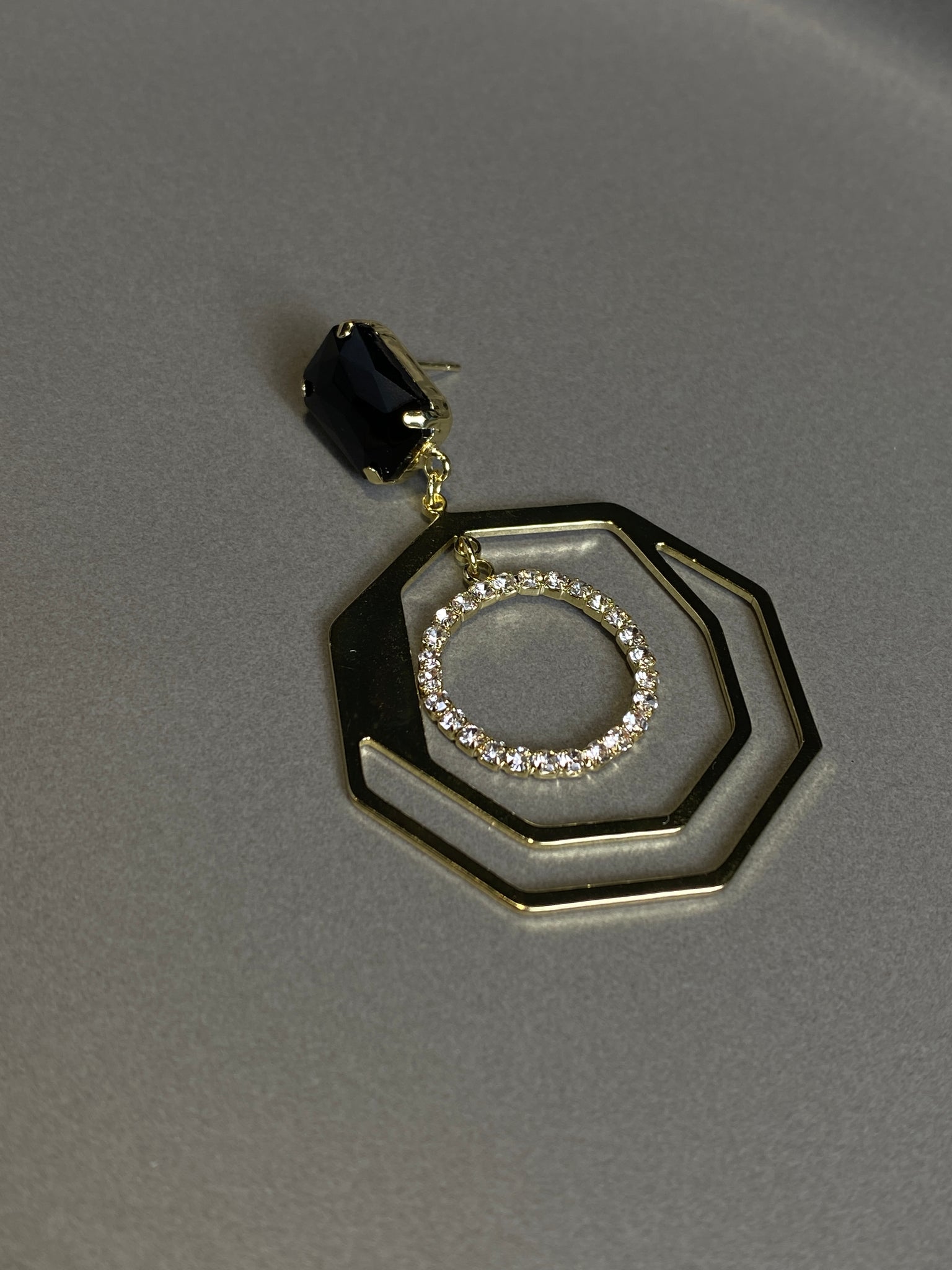 Black Stone Golden Octagon Frame and Round Crystal Pendant Earrings