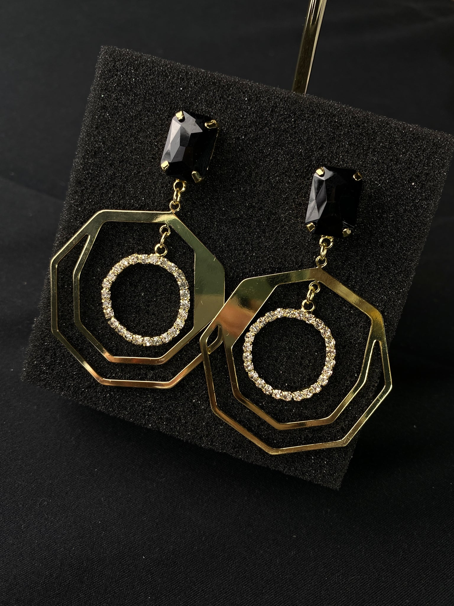 Black Stone Golden Octagon Frame and Round Crystal Pendant Earrings